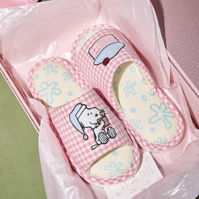 러블리 파자마 스누피 체크 일자 홈슬리퍼 실내화, 1개, 핑크 슬리퍼