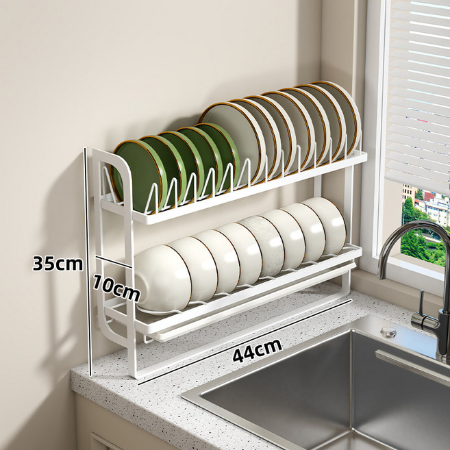 프렛픽 싱크대위수납장 벽걸이 초슬림 식기건조대 물빠짐 그릇 정리 수납 선반, 이층 화이트 벽면형, 1개