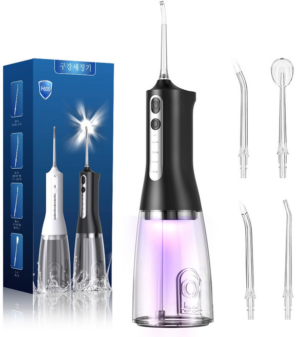 휴대용 구강세정기 300ml 용량 자외선 살균 스케일링 맥동 수압 4개 교체 노즐 포함 F600, Black-F600