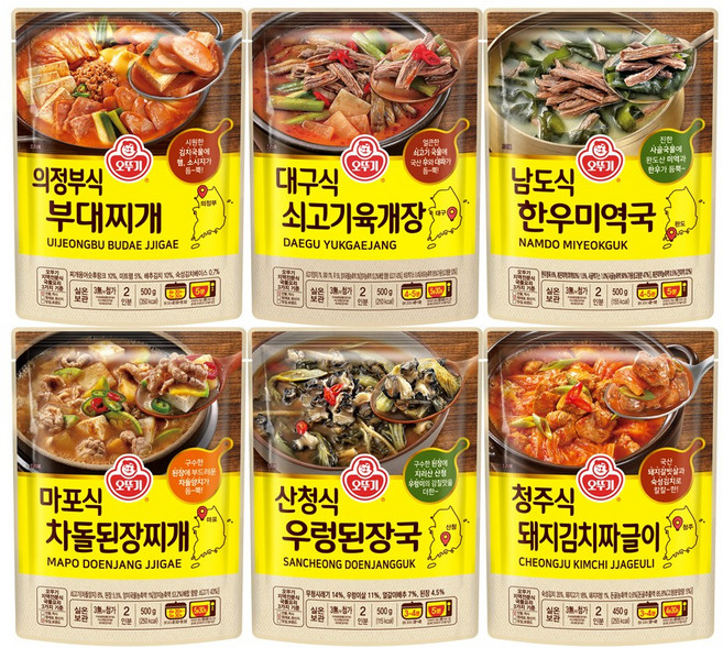 오뚜기 지역국 6종 세트(산청식 우렁된장국 + 마포식 차돌된장찌개 + 청주식 돼지김치짜글이 + 의정부식 부대찌개 + 대구식 쇠고기육개장 + 남도식 한우미역국), 1세트, 450g