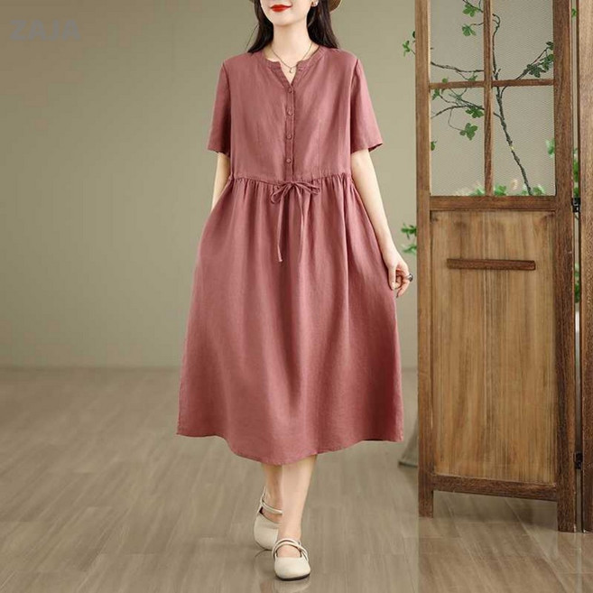 ZAJA 여성 여름 미디 원피스 반팔 단색 린넨 면 원피스