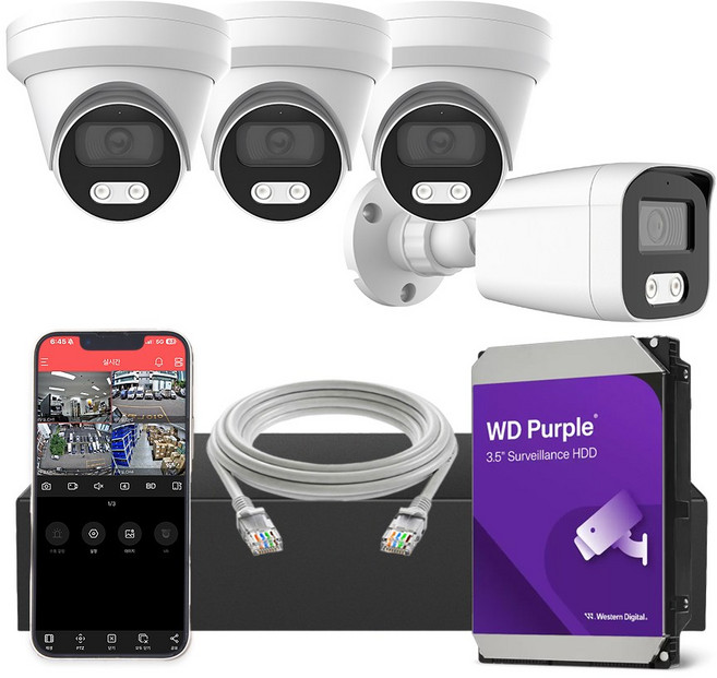 [실내/외] HNTek 800만화소 CCTV 자가설치 세트 하드 2TB 포함, 1개, 실내3대, 실외1대(4채널 녹화기+케이블+하드 2TB)