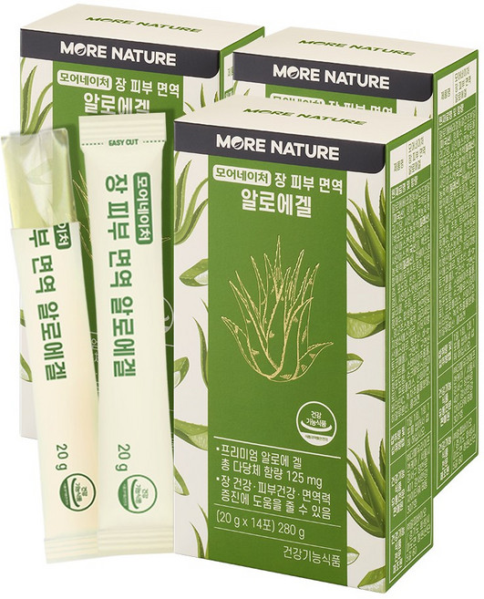 모어네이처 장 피부 면역 먹는 알로에겔 젤리스틱 14포 콜라겐 히알루론산 함유 식약처 인정 3중 기능성, 280g, 3박스