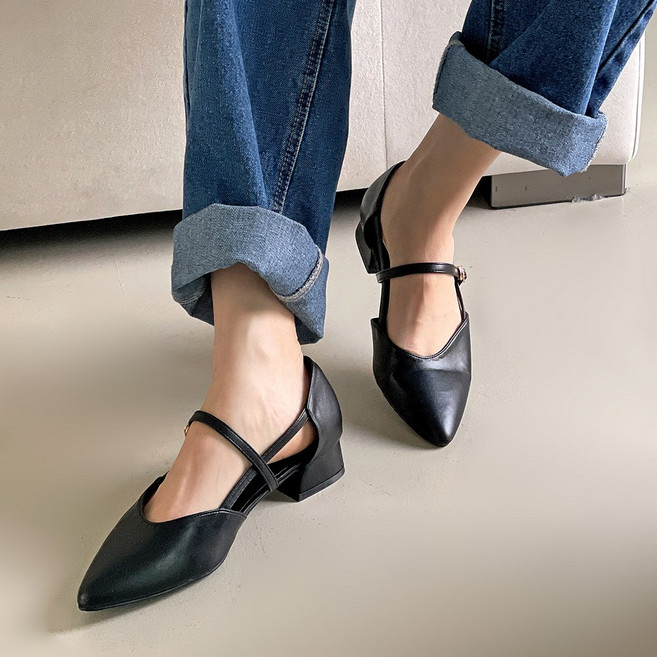 플라틴베이지 여성용 데일리 메리제인 스트랩 펌프스 미들힐 3cm 5cm 발편한 뾰족코 정장 구두