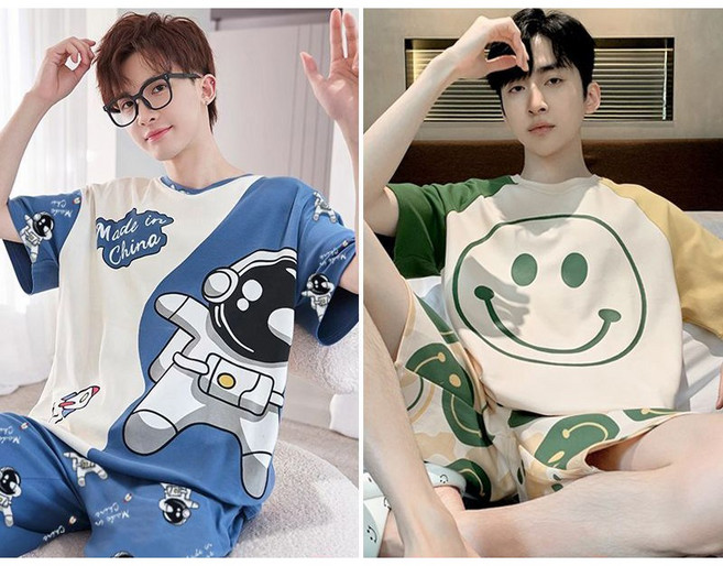 1+1 남성 여름 반팔 파자마 세트 캐주얼 라운드 상의 + 슬랙스 반바지 이지웨어 잠옷 세트 루즈핏 데일리 훔웨어 상하 투피스 CY