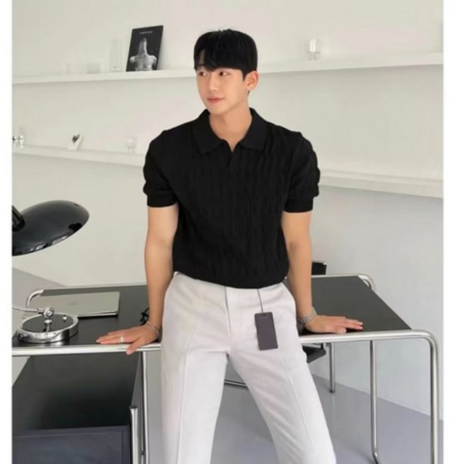 남성용 머슬핏 반팔 카라 니트 티셔츠