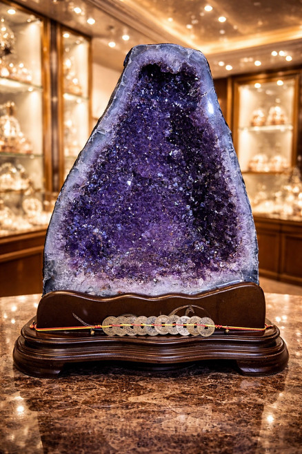 紫水晶礦石擺件 天然 居家裝飾 大型礦石 附木座, 鈦晶紫水晶洞