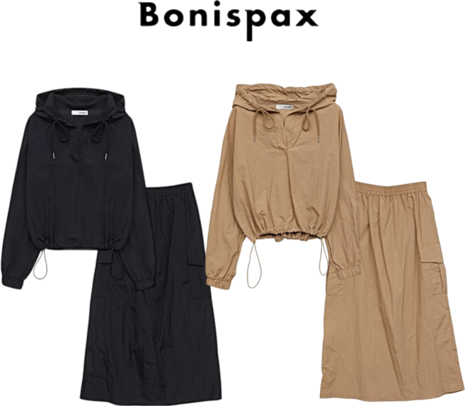 [백화점발송]보니스팍스 여성용 원피스 2color 오픈 후드 티셔츠 + 카고 밴딩 스커트 셋업 캐주얼 데일리 여행 출근룩