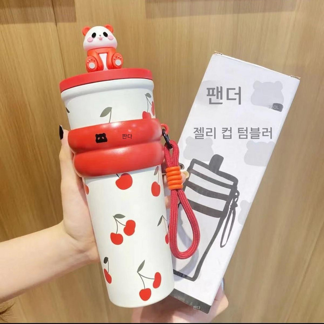 316 스테인리스 보온 텀블러 대용량 빨대 손잡이 차량용, 판다빨대컵 304 체리레드 700ml, 1개, 1L