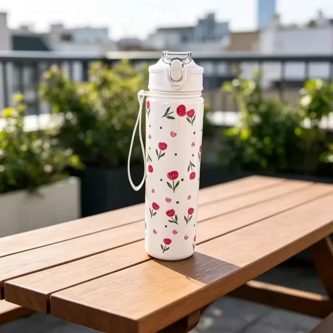 750ML 귀여운 딸기 체리 꽃 프린트 텀블러 순백색 바닥 고급스러운 스포츠용 빨대컵, 1개