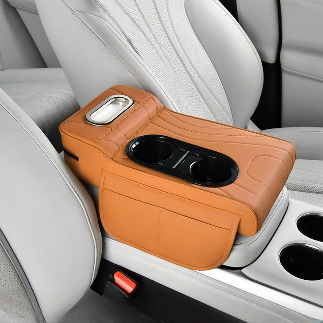 베베어스 프리미엄 차량용 콘솔 쿠션 자동차 팔걸이 쿠션 티슈박스 중앙 컵홀더 다기능 정리함 팔거치대 팔받침대, 오렌지