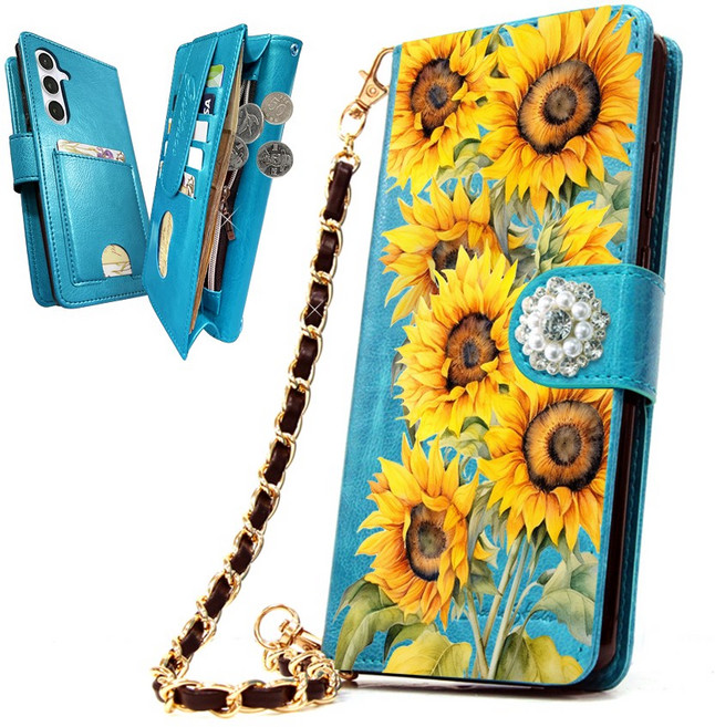 내부지퍼 빽 포켓 다이어리 해바라기 사랑에 빠지다 플라워 DIA 카드지폐수납 내구성 좋은 다이어리 핸드폰 케이스 + 손목 줄 체인 스트랩 최신기종