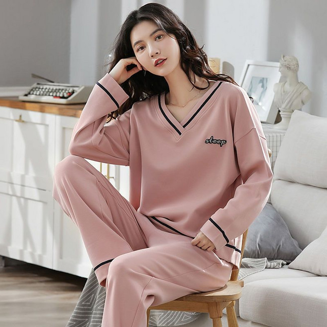 COSYEVNO 봄가을 여성 잠옷 세트 순면 긴팔 루즈핏 홈웨어 투피스