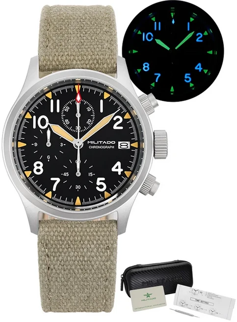 밀리타도 ML1868KF 3 다이얼 크로노그래프 스포츠 시계 VK67 스윕 쿼츠 사파이어 글래스 방수 BGW9 39mm 빈, 06 GN Leather With Date