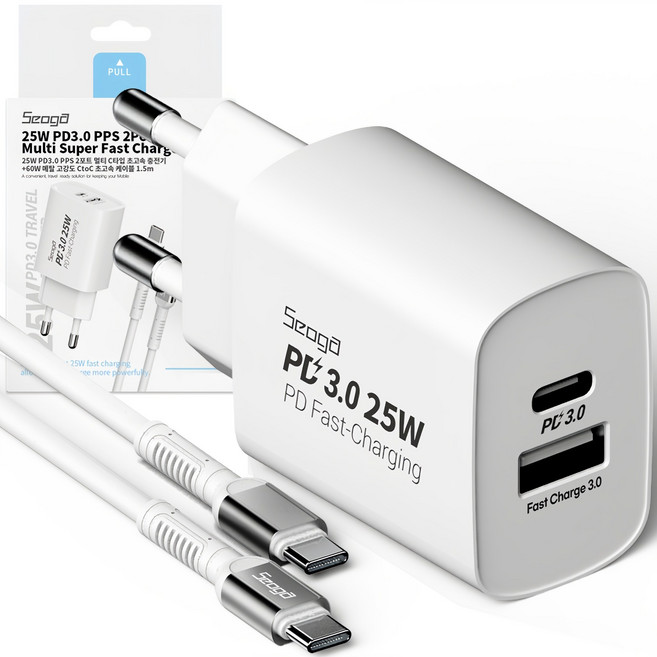 서가 C타입 초고속 충전기 25W PD3.0 PPS 2포트 멀티 + 메탈 고강도 CtoC 케이블 1.5m 60W 세트, 화이트, 1개