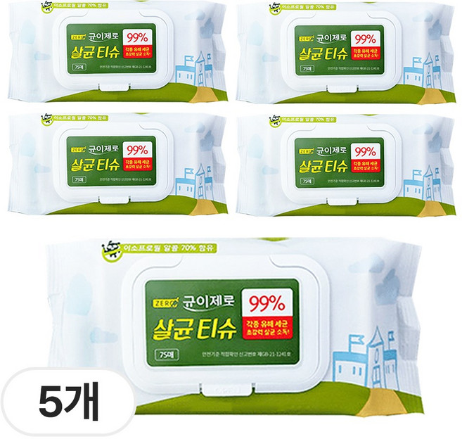 균이제로 살균 티슈, 55g, 75매, 5개