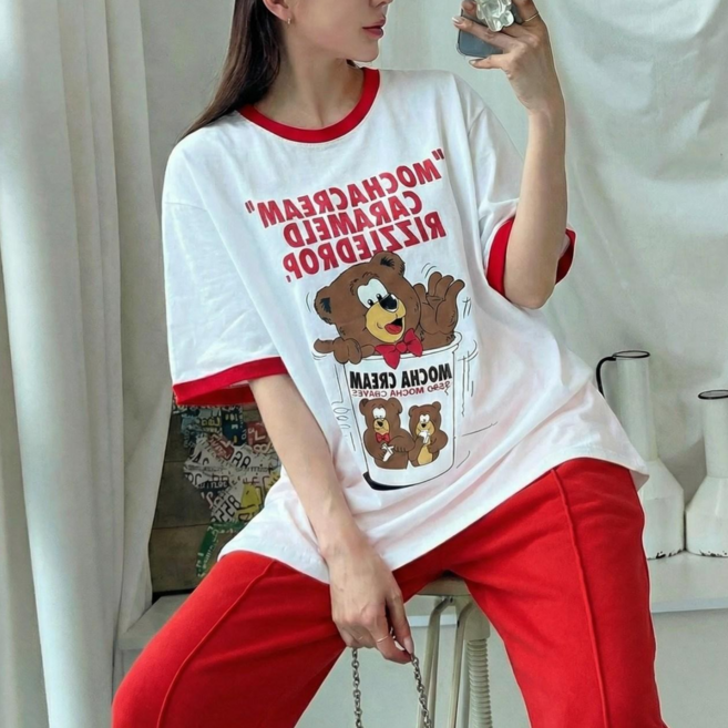 모카크림 라운드배색 여름 반팔티