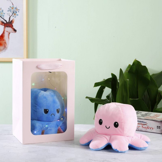雙面章魚公仔 翻面變臉玩偶, 黃色轉橘色,十八釐米左右直徑   禮袋+燈, 1個, 18cm