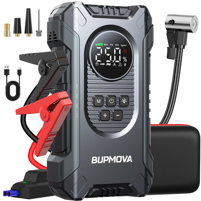 BUPMOVA 올인원 자동차 점프스타터 에어펌프 대용량 보조배터리 LED 비상등 12V 스마트 점프케이블 EVA보관백, 8000mAh, 1개