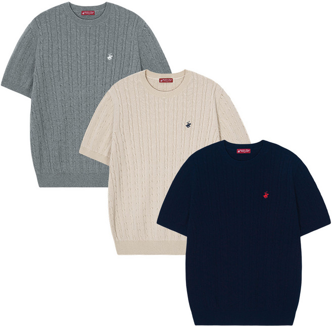 비버리힐즈폴로클럽 남여공용 자수로고 케이블 꽈배기 라운드넥 반팔 니트 (3컬러) EPN7T80