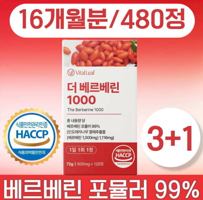 VitalLeaf 베르베린 1000 식약청인증 제조시설 HACCP, 4박스, 120정