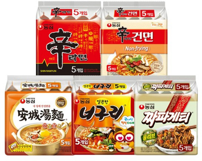 신라면 5입 + 신라면건면 5입 + 안성탕면 5입 + 너구리 5입 + 짜파게티 5입 (총25봉), 25개, 1개