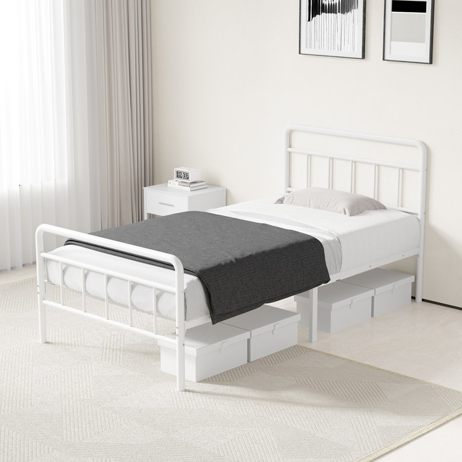 KURUA 빈티지 철제 침대 프레임 간편 조립 견고함, 흰색