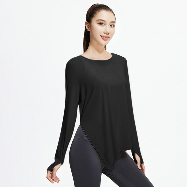 ECUPPER 여성 긴팔 요가복 상의 쿨링 통기성 루즈핏 사이드 슬릿 요가 긴팔티 필라테스상의 헬스 운동 요가상의
