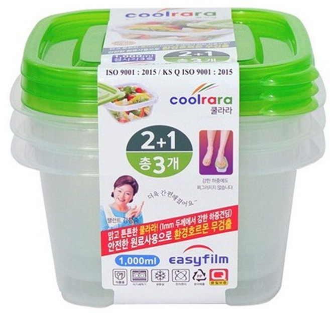 쿨라라 정사각 밀폐용기 3호 1000ml 3개입 sky*627fo, 1개