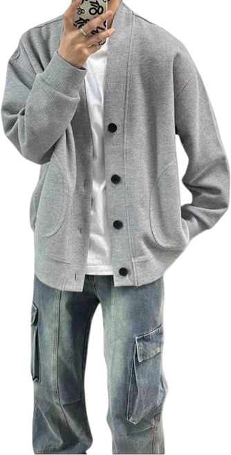 Makone 남성 봄 가을 그레이 브이넥 니트 커플 패션 카디건
