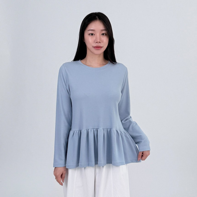 모아 밑단 셔링 플레어 라운드넥 기본 긴팔 티셔츠