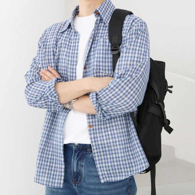 남자 봄 여름 가을 긴팔 체크 셔츠 쿨링 얇은 린넨 남방