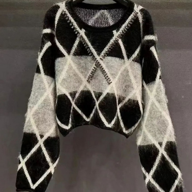 DEARHUA 여성 부드러운 편안한 보온 빤짝이 포인트 니트 티셔츠 겨울 빅사이즈 추천 이쁜 배색 무늬 라운드넥 소프트 큐빅 이너 보들보들 베이직 따뜻한 패턴 패션 트렌드 니트티