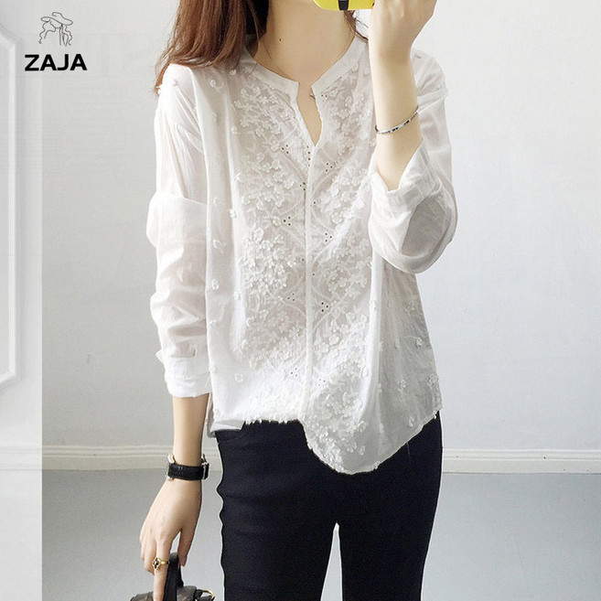 ZAJA 여성 긴팔 얇은 블라우스 브이넥 폴오버 화이트 셔츠 데일리룩
