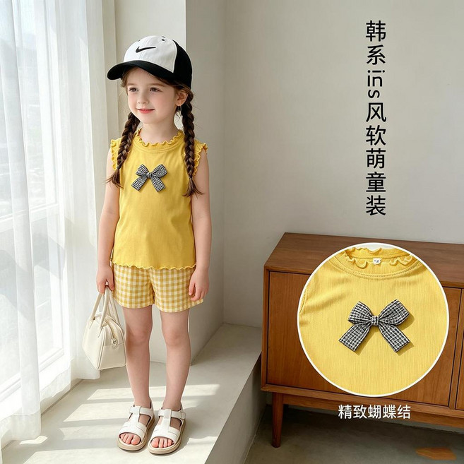 女童 夏季 蝴蝶結 格子 兩件式 套裝