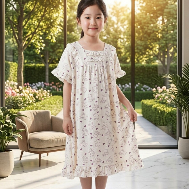 캐리루시 아동 주니어 시원한 요루 스퀘어넥 공주님 홈드레스 프릴 반팔 잠옷 원피스