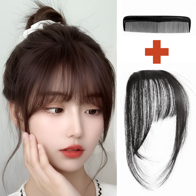 폴케이 인모 100% 프리미엄 앞머리 가발, 1개, 내츄럴 블랙+휴대용 빗