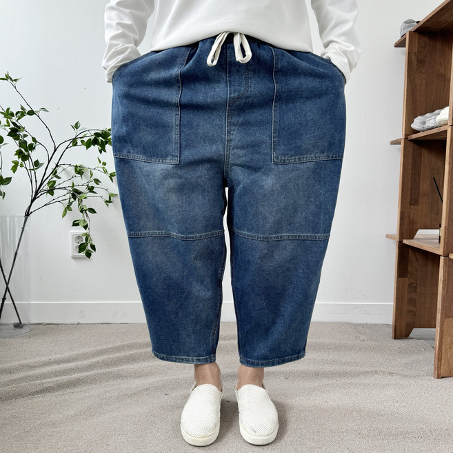 젠시크 남자 배기 와이드 벌룬 절개 9부 밴딩 데님 청바지