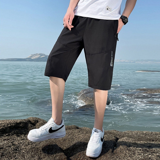 男生運動褲 工作褲 口袋拉鍊薄款冰絲七分褲
