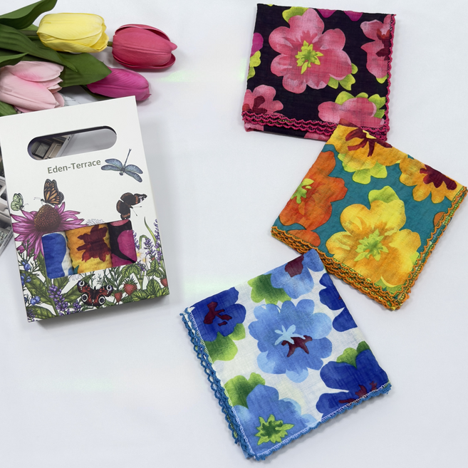 이든테라스 여성 면 손수건 쁘띠 스카프 3장 1셋트 (고급 케이스 포장) 핀코트 엠보큐티 G