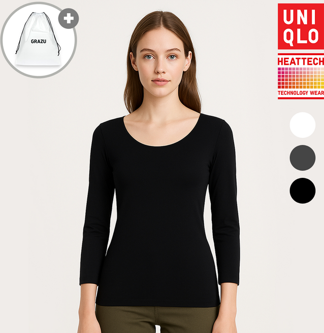 유니클로 여성 히트텍 U넥 긴팔 티셔츠 8부 발열 내의 내복 상의 + GRAZU 파우치