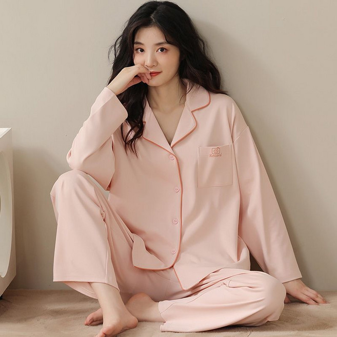 100% 순면 여성 잠옷 봄가을 긴팔 여성 심플 대형 겨울 홈웨어 세트 외출 가능
