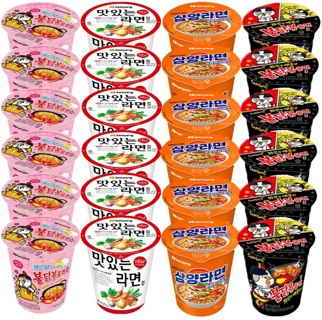 삼양 소컵라면 4종 24입 기획세트 1호(삼양라면6+불닭볶음6+맛있는라면6+까르보불닭볶음면6), 1박스