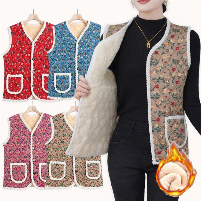 플로타임 프리미엄 꽃무늬조끼 퀼팅 할머니조끼 김장 양털조끼