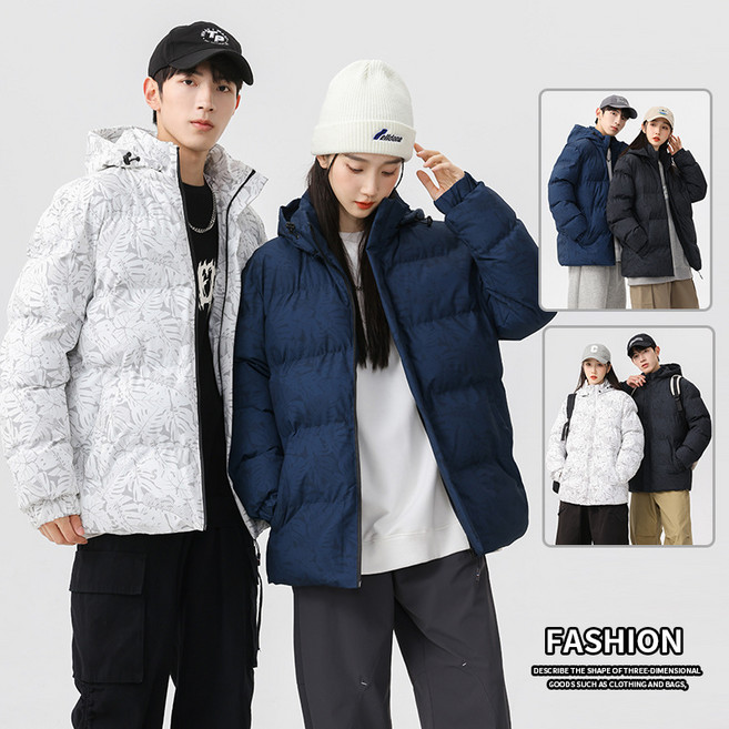 ANYOU 남성 후드 패딩 점퍼 루즈핏 프린팅 두꺼운 숏 패딩 유니섹스 보온 방풍 커플 퀼팅자켓