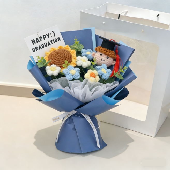 위비리 시들지 않는 뜨개 DIY 졸업식 개학 꽃다발 기념일 선물, 1개, 블루