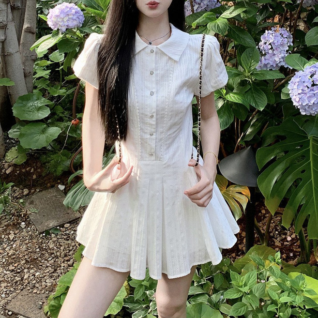 삼제태전 여름 학원룩 셔츠형 미니 A라인 원피스 플리츠 치마