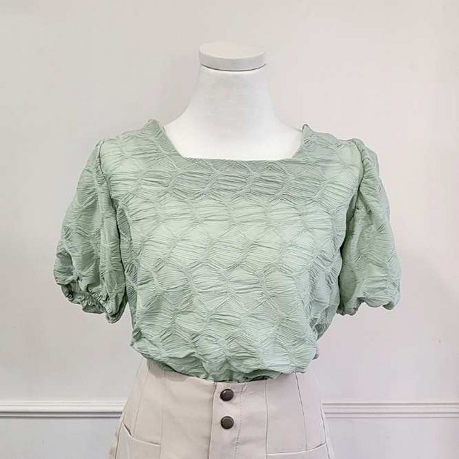 스퀘어넥 벌집 패턴 퍼프 민트 블라우스