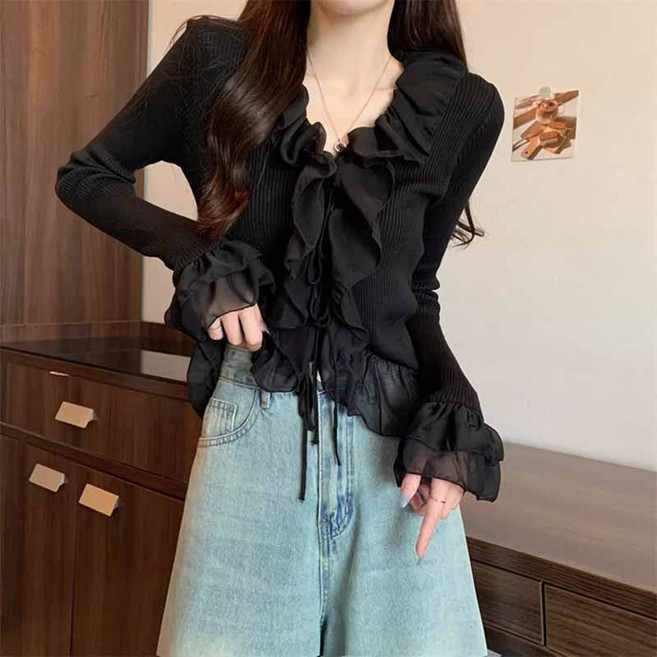 봄 가을 여성 브이넥 니트티 프렌치 프릴 나팔 소매 스웨터 여자 슬림 블라우스 LCL