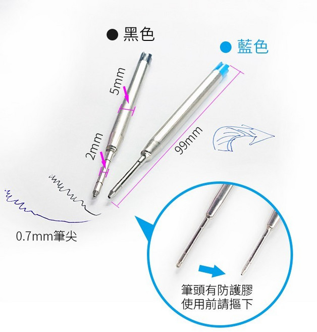 99mm 金屬原子筆芯 戰術筆專用 0.7mm 筆芯 (黑/藍), 1個, (WF4)戰術筆筆芯-藍字